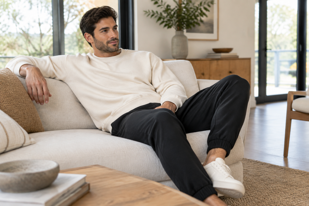 Men’s black joggers and cream sweatshirt
